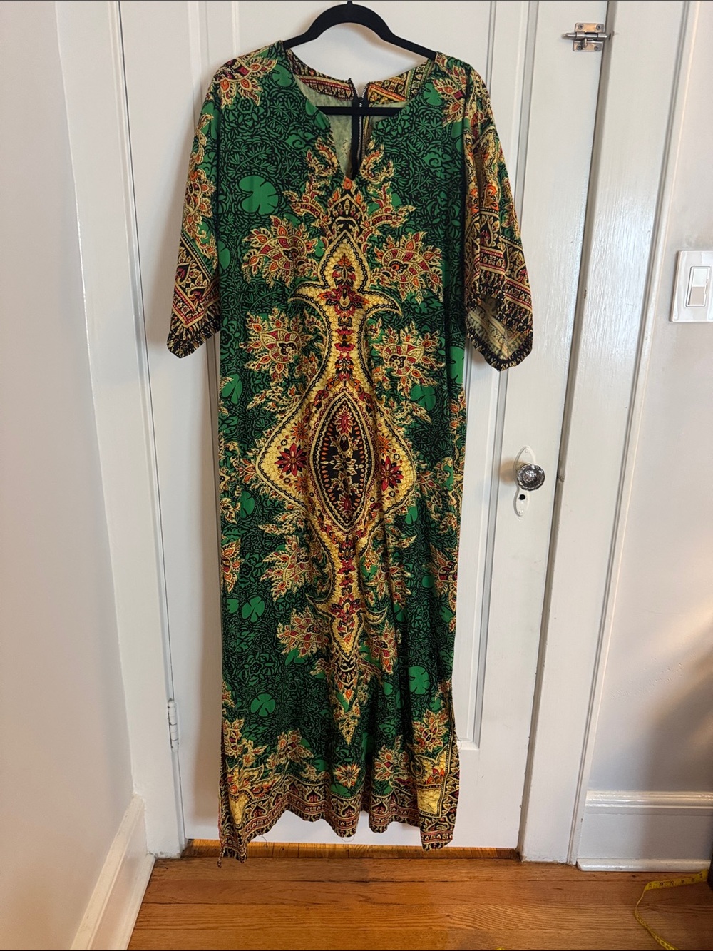Boho Vintage Green Paisley-Print Maxi Dress